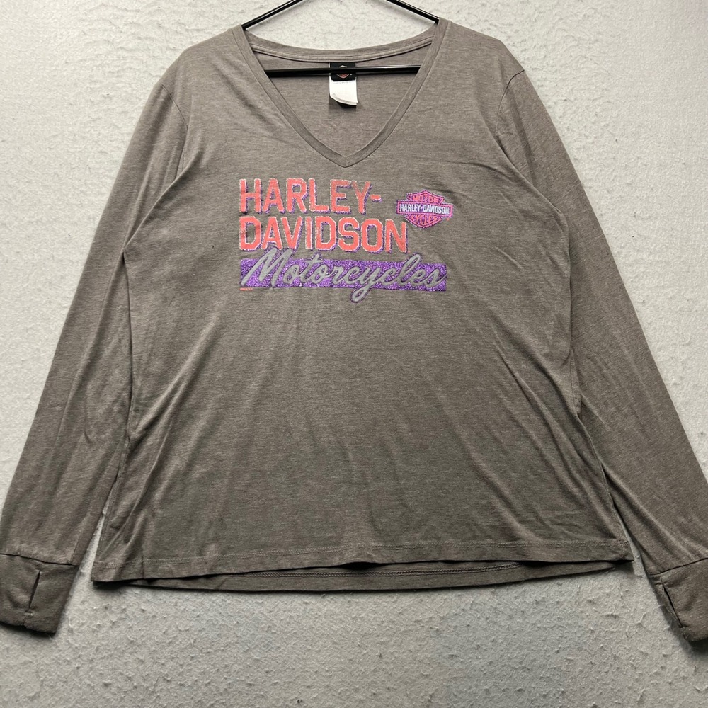 Harley Davidson Womens XXL‎ Gray V-Neck Long Sleeve Graphic T-Shirt Coziahr 1666